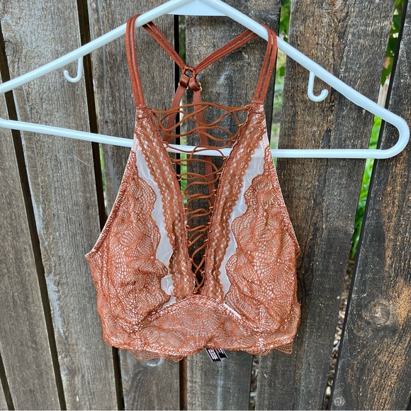 Victoria’s Secret Lace Up High Neck Bra / Bralette In Brown NWT Sz XS - Picture 1 of 15